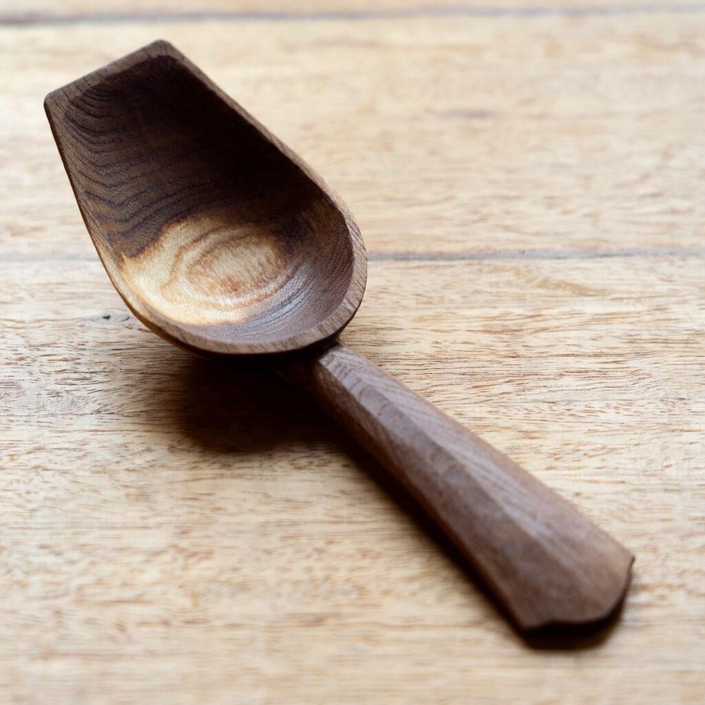 Dutch Elm Eating Spoon, Axe hook and knife carved from park prunings. Tung oil finish. Photo credit Vivienne Wong