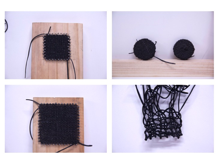 Samples of woven tyre inner tube using tapestry and lace techniques.